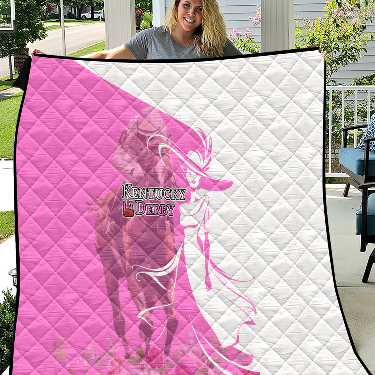 Kentucky Racing Horses Derby Hat Girl Quilt Pink Color - Wonder Print Shop