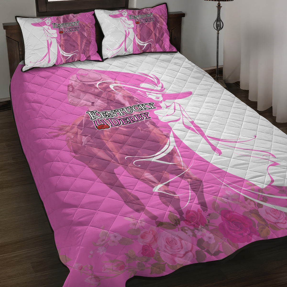 Kentucky Racing Horses Derby Hat Girl Quilt Bed Set Pink Color - Wonder Print Shop
