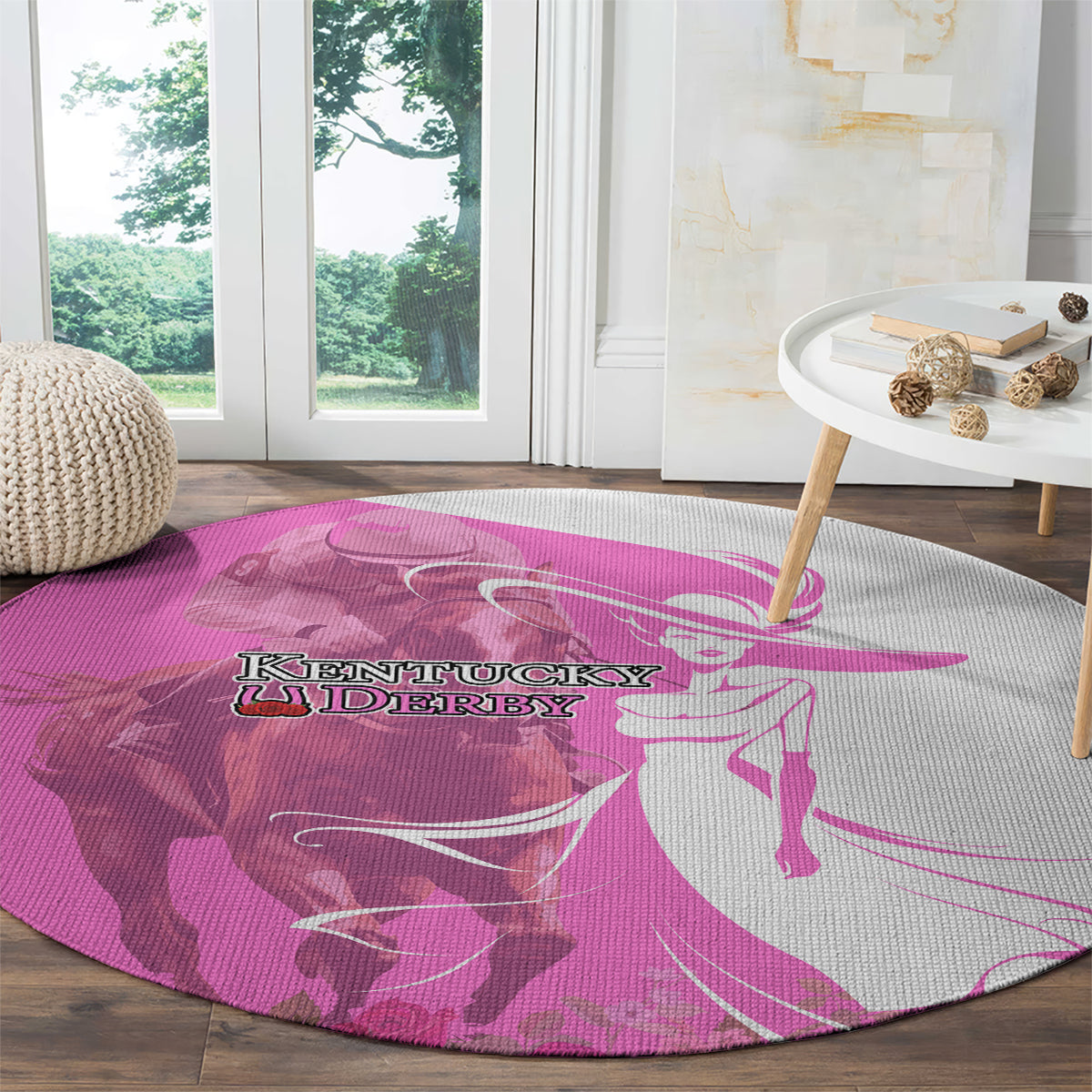 Kentucky Racing Horses Derby Hat Girl Round Carpet Pink Color