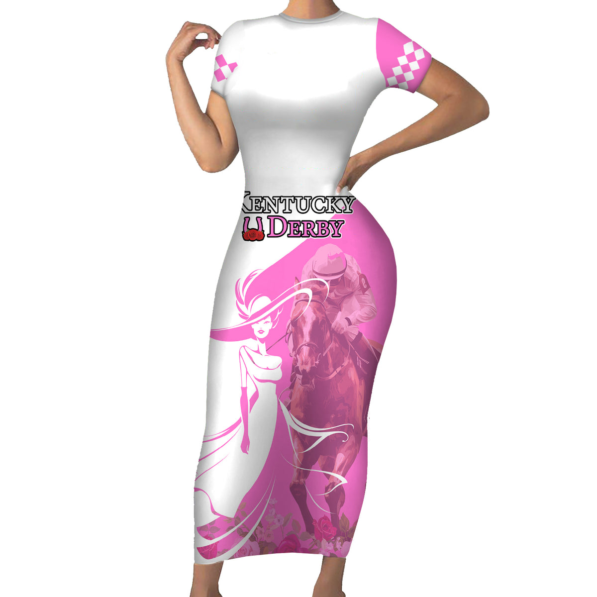 Kentucky Racing Horses Derby Hat Girl Short Sleeve Bodycon Dress Pink Color - Wonder Print Shop