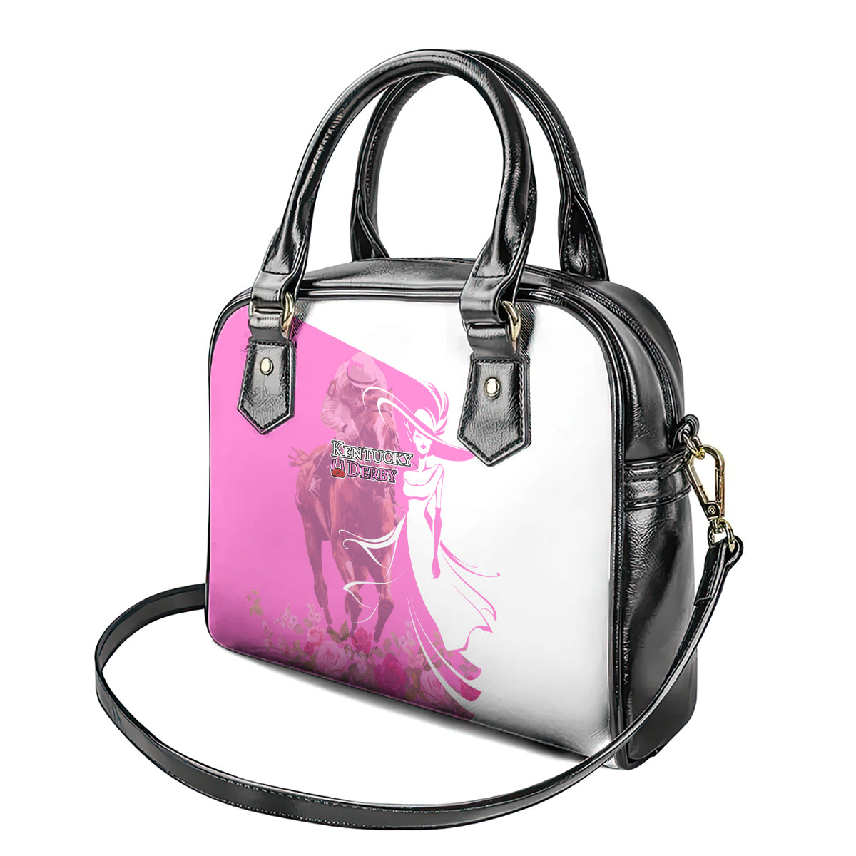 Kentucky Racing Horses Derby Hat Girl Shoulder Handbag Pink Color