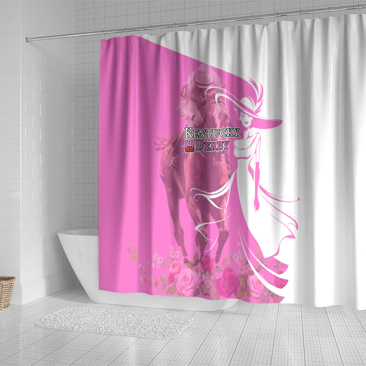 Kentucky Racing Horses Derby Hat Girl Shower Curtain Pink Color