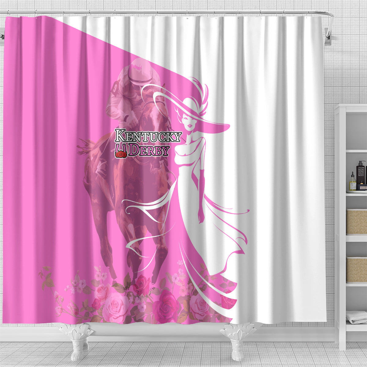 Kentucky Racing Horses Derby Hat Girl Shower Curtain Pink Color