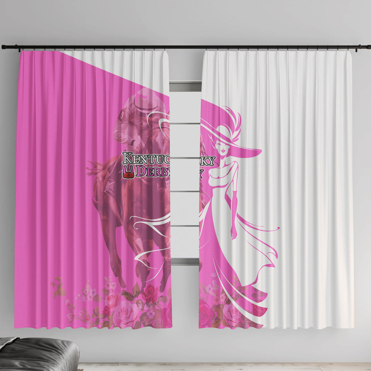 Kentucky Racing Horses Derby Hat Girl Window Curtain Pink Color - Wonder Print Shop