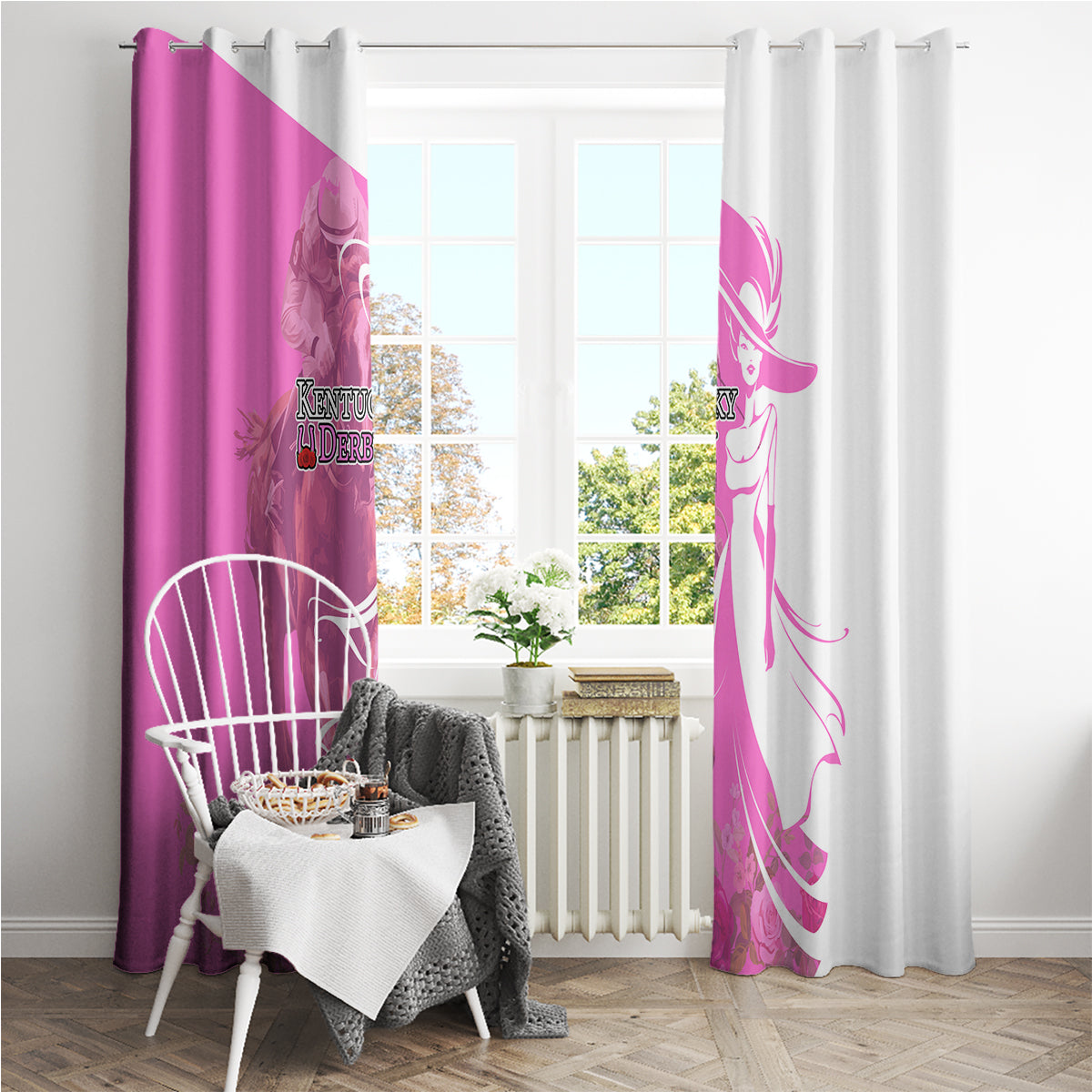 Kentucky Racing Horses Derby Hat Girl Window Curtain Pink Color - Wonder Print Shop