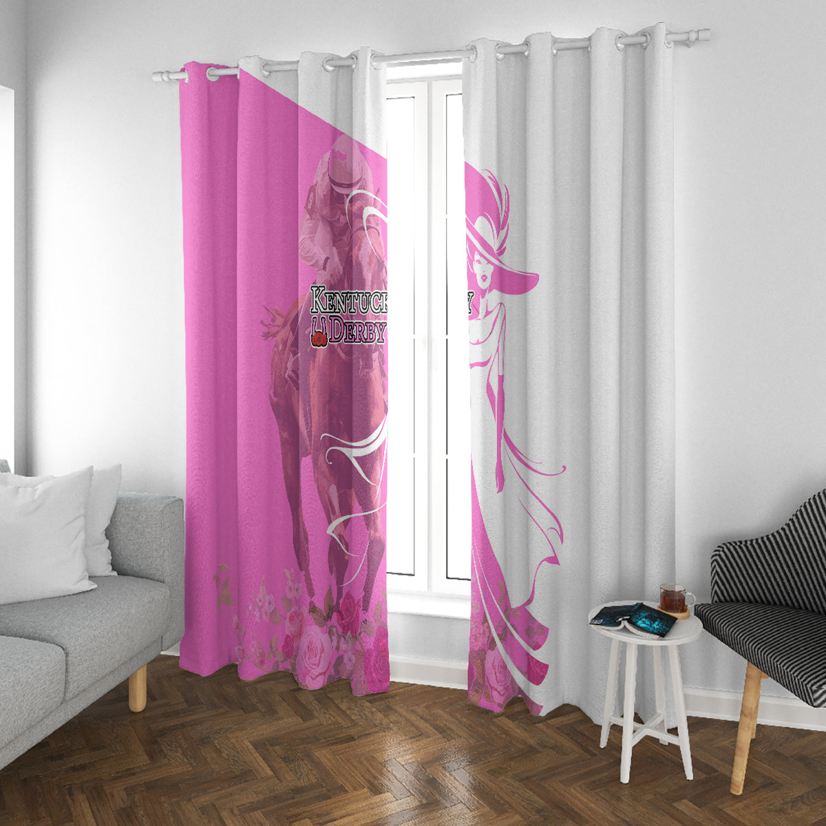 Kentucky Racing Horses Derby Hat Girl Window Curtain Pink Color - Wonder Print Shop