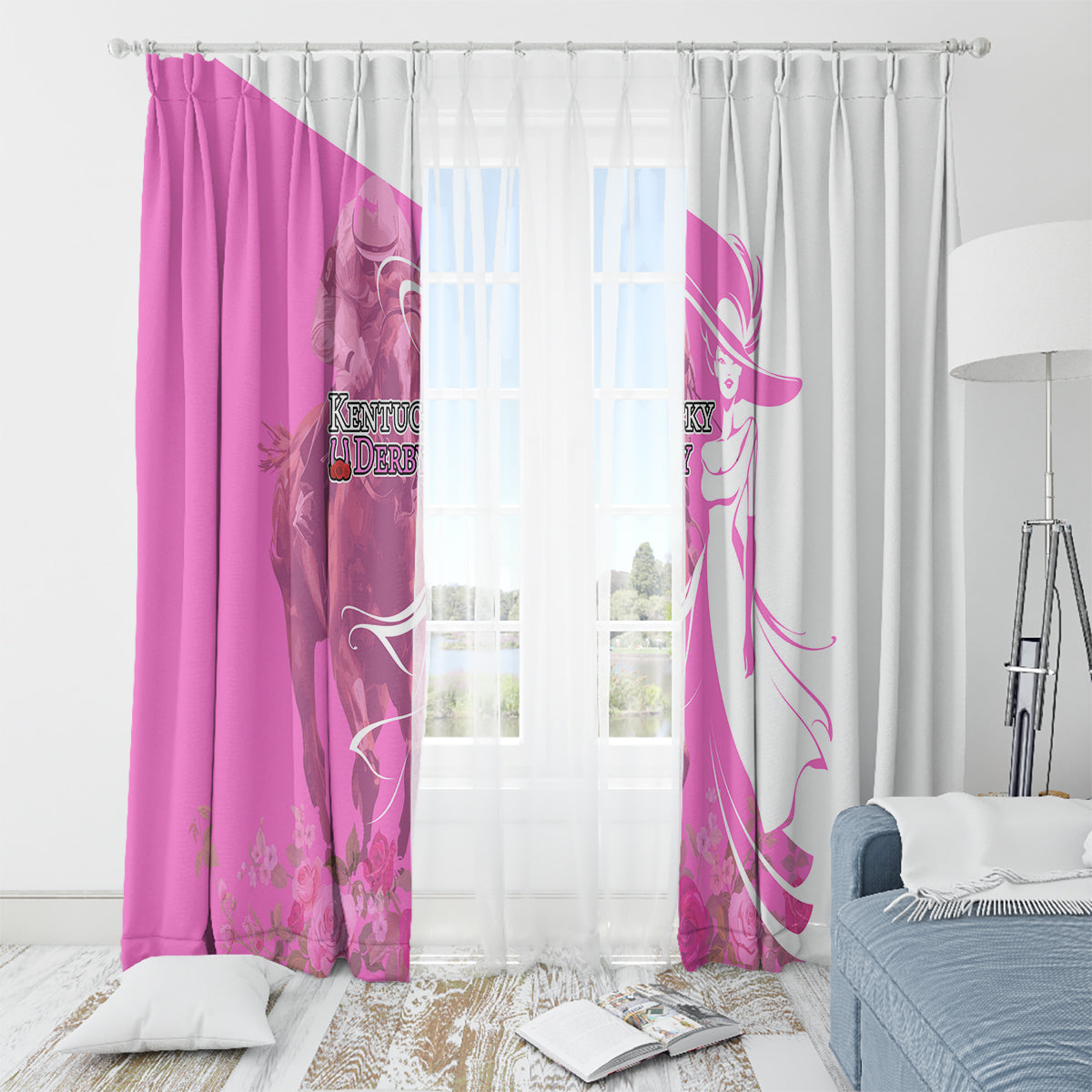 Kentucky Racing Horses Derby Hat Girl Window Curtain Pink Color - Wonder Print Shop