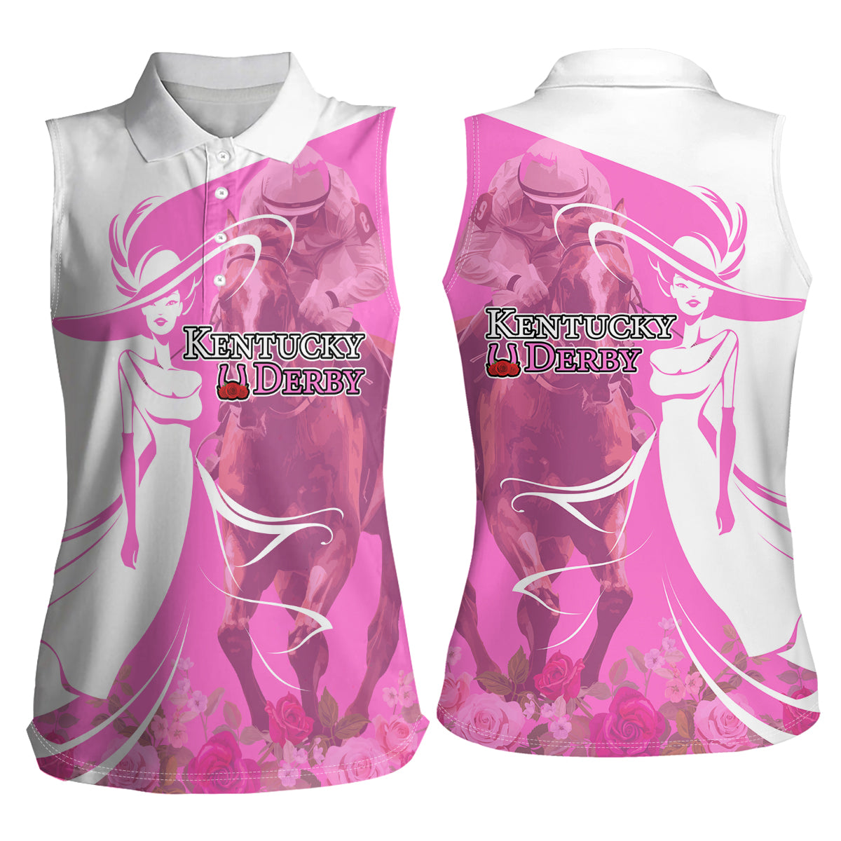 Kentucky Racing Horses Derby Hat Girl Women Sleeveless Polo Shirt Pink Color - Wonder Print Shop