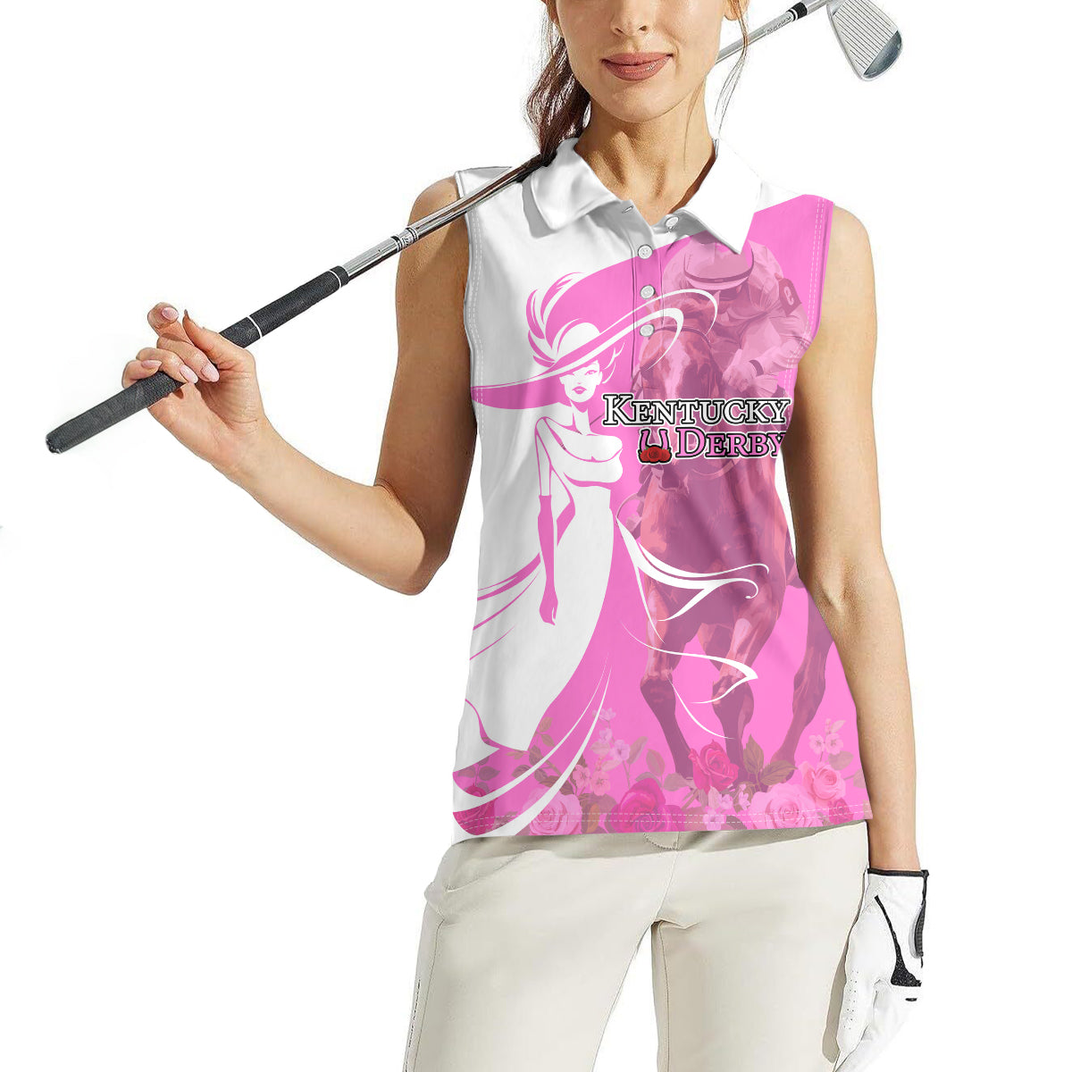 Kentucky Racing Horses Derby Hat Girl Women Sleeveless Polo Shirt Pink Color - Wonder Print Shop