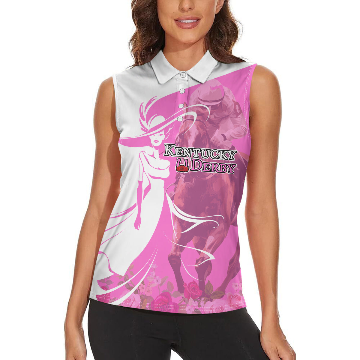 Kentucky Racing Horses Derby Hat Girl Women Sleeveless Polo Shirt Pink Color - Wonder Print Shop