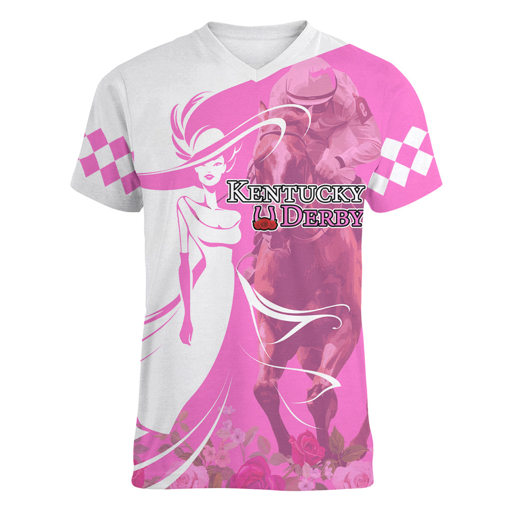 Kentucky Racing Horses Derby Hat Girl Women V-Neck T-Shirt Pink Color - Wonder Print Shop