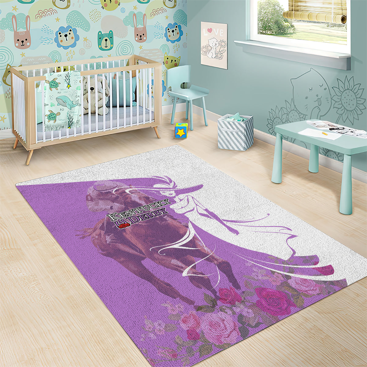 Kentucky Racing Horses Derby Hat Girl Area Rug Purple Color - Wonder Print Shop
