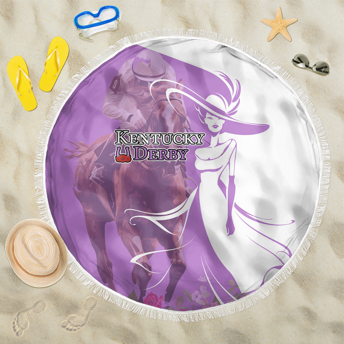 Kentucky Racing Horses Derby Hat Girl Beach Blanket Purple Color - Wonder Print Shop