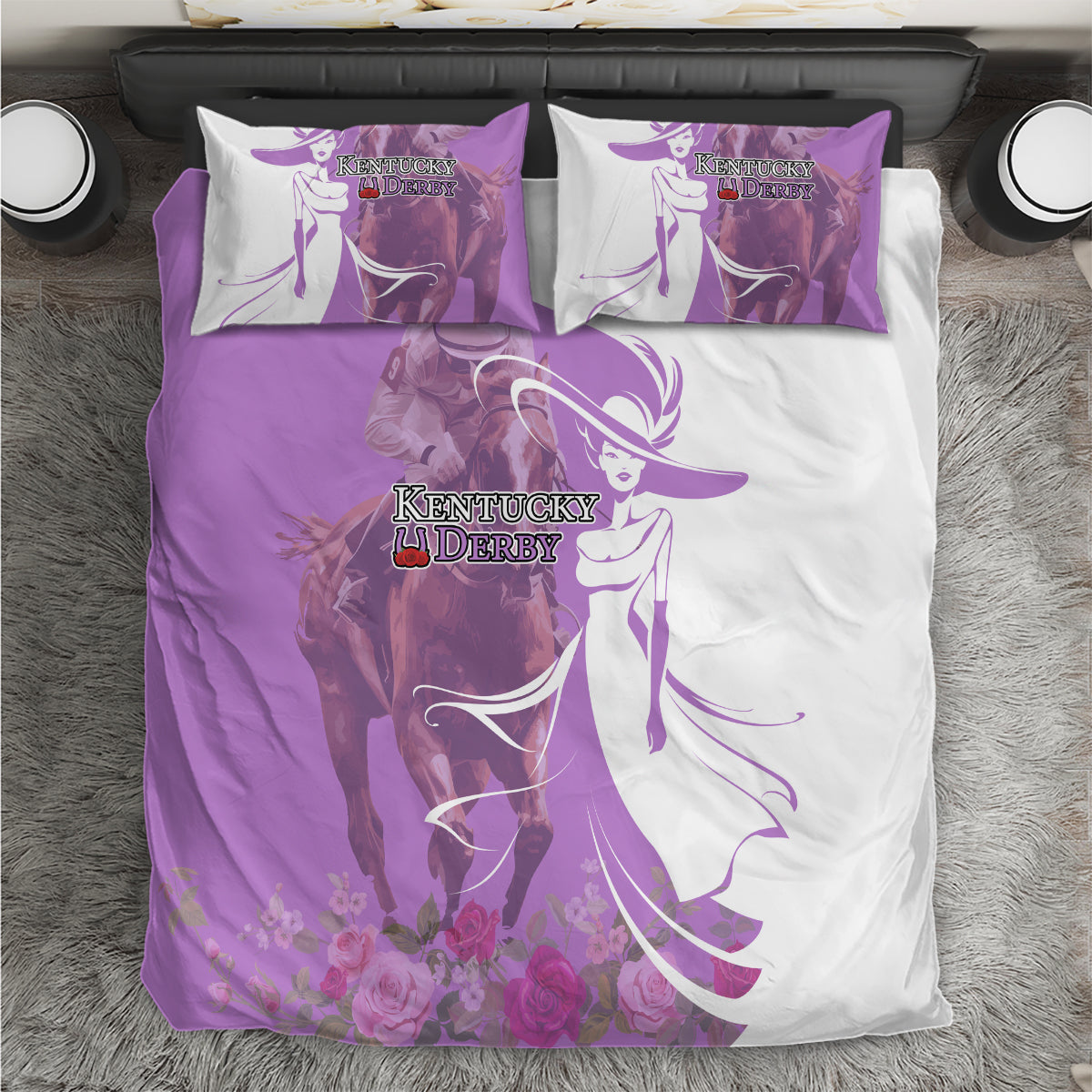 Kentucky Racing Horses Derby Hat Girl Bedding Set Purple Color - Wonder Print Shop