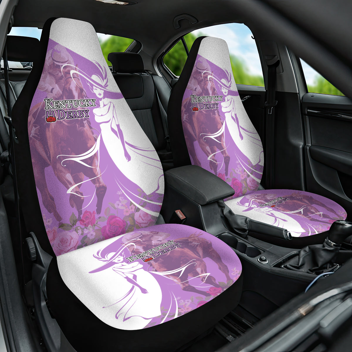Kentucky Racing Horses Derby Hat Girl Car Seat Cover Purple Color
