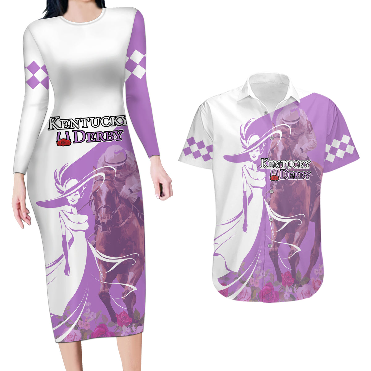 Kentucky Racing Horses Derby Hat Girl Couples Matching Long Sleeve Bodycon Dress and Hawaiian Shirt Purple Color - Wonder Print Shop