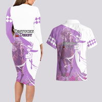 Kentucky Racing Horses Derby Hat Girl Couples Matching Long Sleeve Bodycon Dress and Hawaiian Shirt Purple Color - Wonder Print Shop