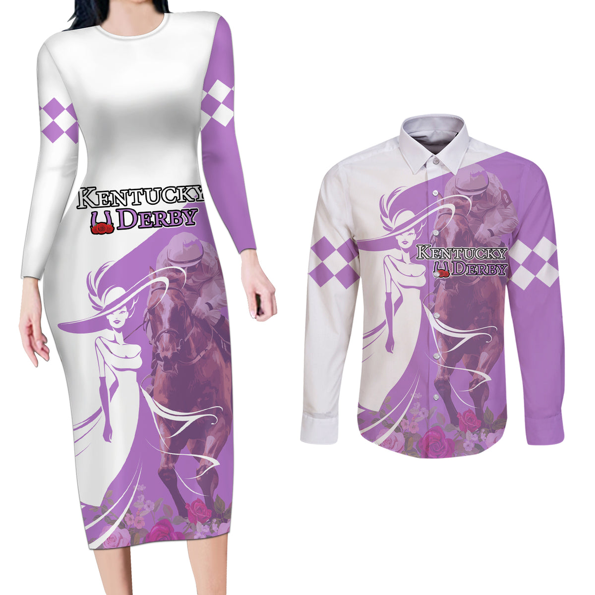 Kentucky Racing Horses Derby Hat Girl Couples Matching Long Sleeve Bodycon Dress and Long Sleeve Button Shirt Purple Color - Wonder Print Shop