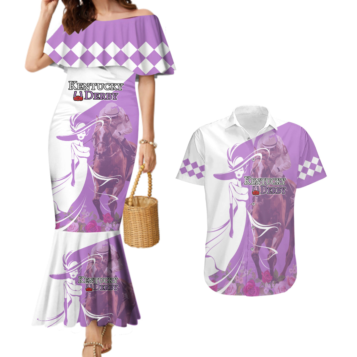 Kentucky Racing Horses Derby Hat Girl Couples Matching Mermaid Dress and Hawaiian Shirt Purple Color - Wonder Print Shop