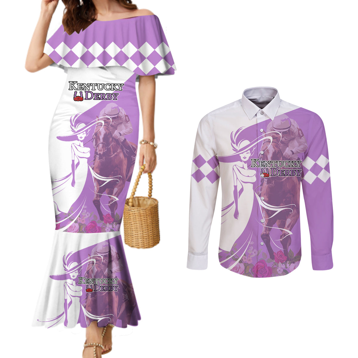 Kentucky Racing Horses Derby Hat Girl Couples Matching Mermaid Dress and Long Sleeve Button Shirt Purple Color