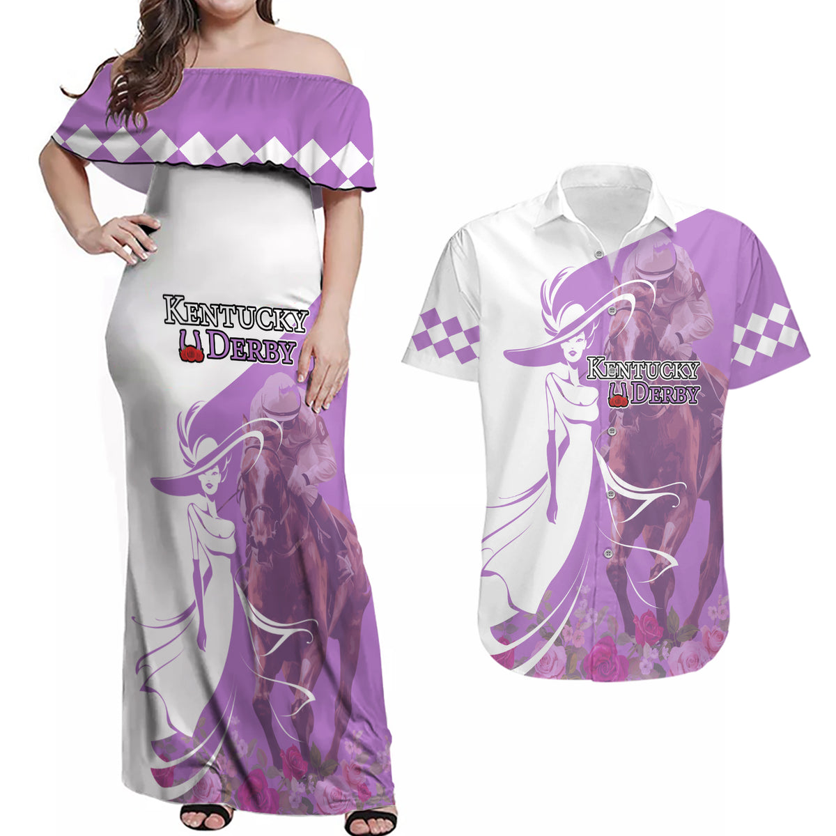 Kentucky Racing Horses Derby Hat Girl Couples Matching Off Shoulder Maxi Dress and Hawaiian Shirt Purple Color - Wonder Print Shop