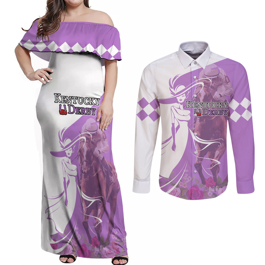 Kentucky Racing Horses Derby Hat Girl Couples Matching Off Shoulder Maxi Dress and Long Sleeve Button Shirt Purple Color - Wonder Print Shop