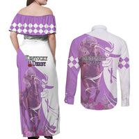 Kentucky Racing Horses Derby Hat Girl Couples Matching Off Shoulder Maxi Dress and Long Sleeve Button Shirt Purple Color - Wonder Print Shop