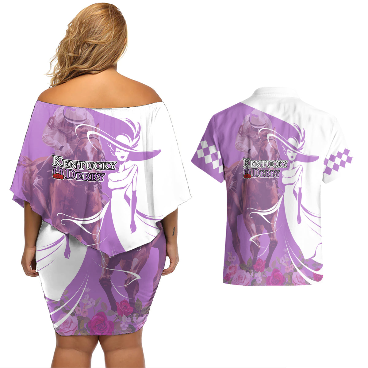 Kentucky Racing Horses Derby Hat Girl Couples Matching Off Shoulder Short Dress and Hawaiian Shirt Purple Color - Wonder Print Shop