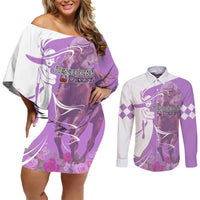 Kentucky Racing Horses Derby Hat Girl Couples Matching Off Shoulder Short Dress and Long Sleeve Button Shirt Purple Color - Wonder Print Shop