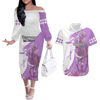 Kentucky Racing Horses Derby Hat Girl Couples Matching Off The Shoulder Long Sleeve Dress and Hawaiian Shirt Purple Color - Wonder Print Shop