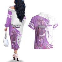 Kentucky Racing Horses Derby Hat Girl Couples Matching Off The Shoulder Long Sleeve Dress and Hawaiian Shirt Purple Color - Wonder Print Shop