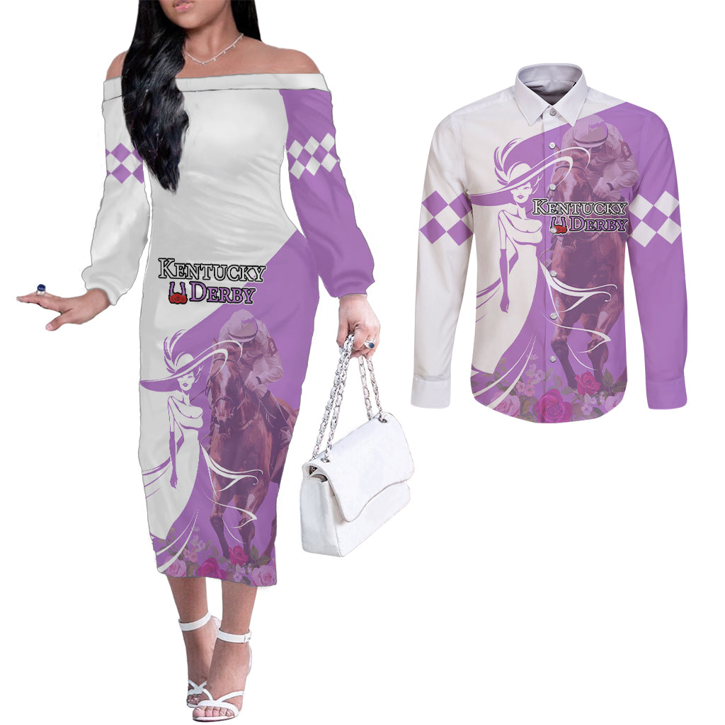 Kentucky Racing Horses Derby Hat Girl Couples Matching Off The Shoulder Long Sleeve Dress and Long Sleeve Button Shirt Purple Color