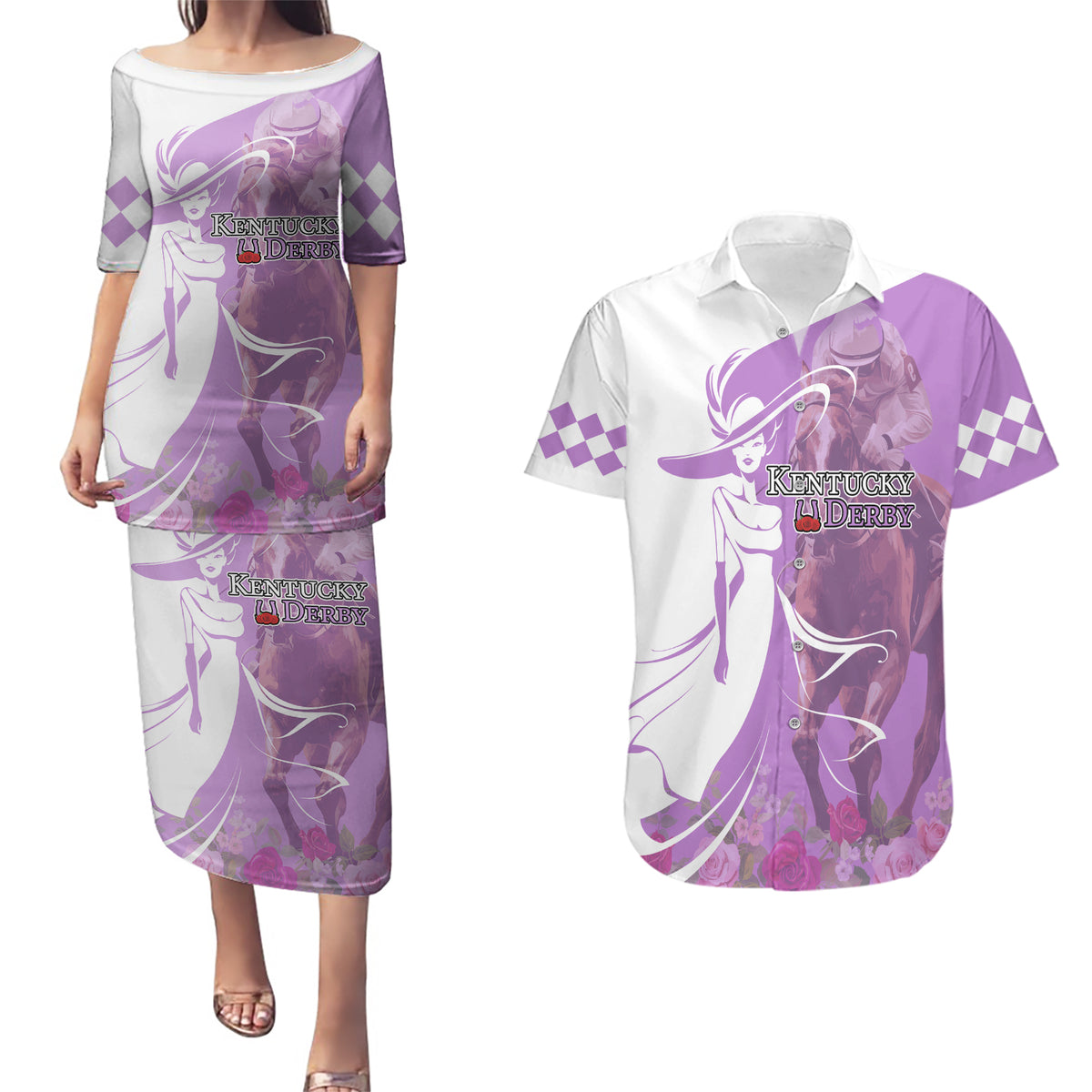 Kentucky Racing Horses Derby Hat Girl Couples Matching Puletasi and Hawaiian Shirt Purple Color - Wonder Print Shop