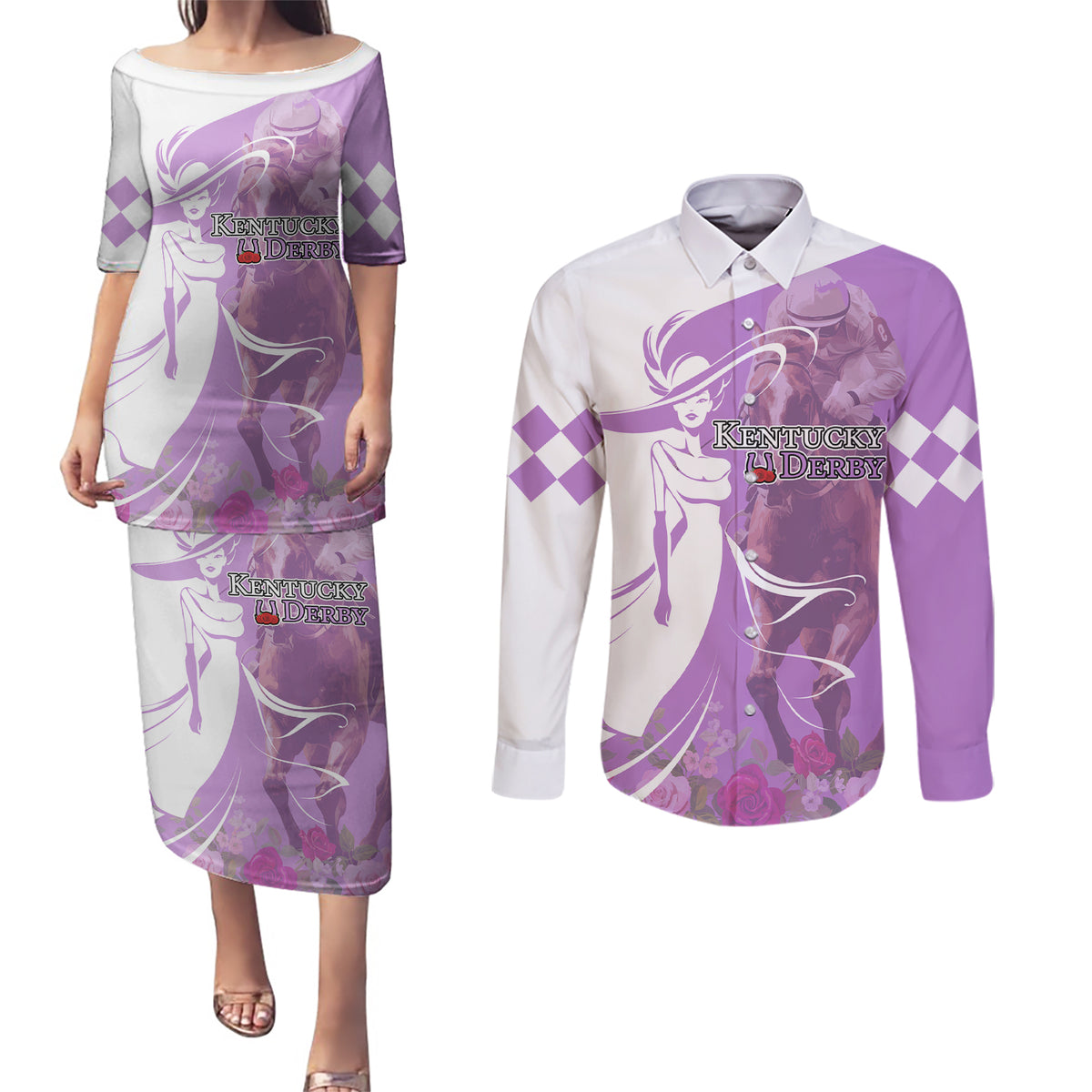 Kentucky Racing Horses Derby Hat Girl Couples Matching Puletasi and Long Sleeve Button Shirt Purple Color - Wonder Print Shop