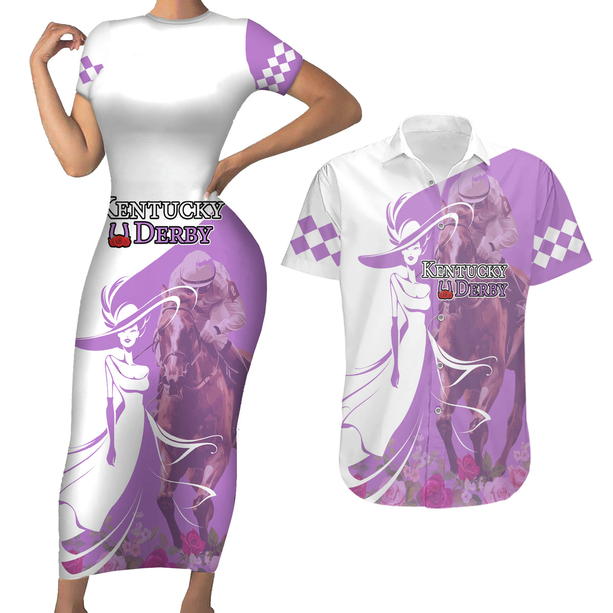 Kentucky Racing Horses Derby Hat Girl Couples Matching Short Sleeve Bodycon Dress and Hawaiian Shirt Purple Color - Wonder Print Shop