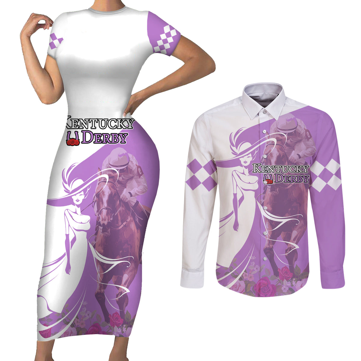 Kentucky Racing Horses Derby Hat Girl Couples Matching Short Sleeve Bodycon Dress and Long Sleeve Button Shirt Purple Color - Wonder Print Shop