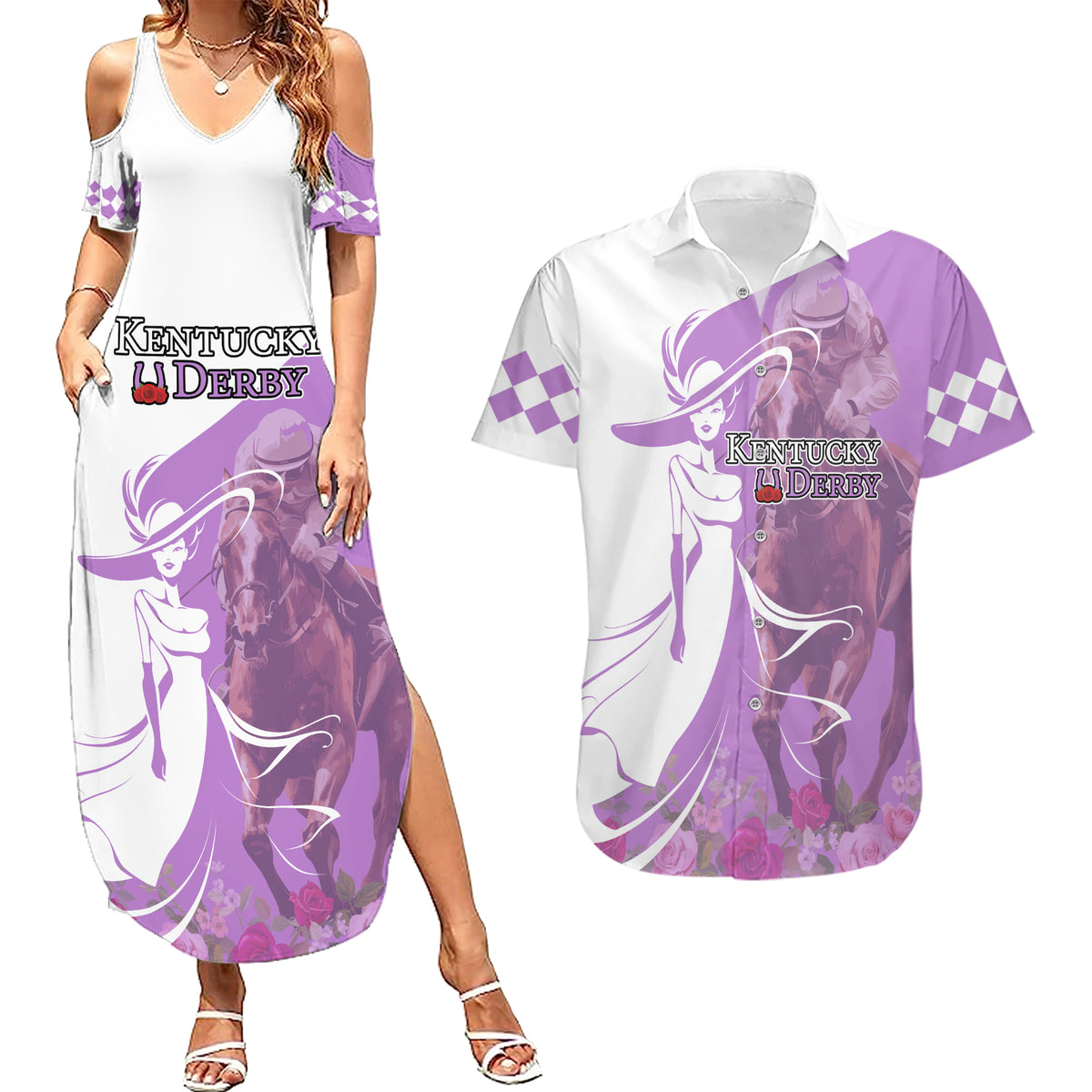 Kentucky Racing Horses Derby Hat Girl Couples Matching Summer Maxi Dress and Hawaiian Shirt Purple Color - Wonder Print Shop