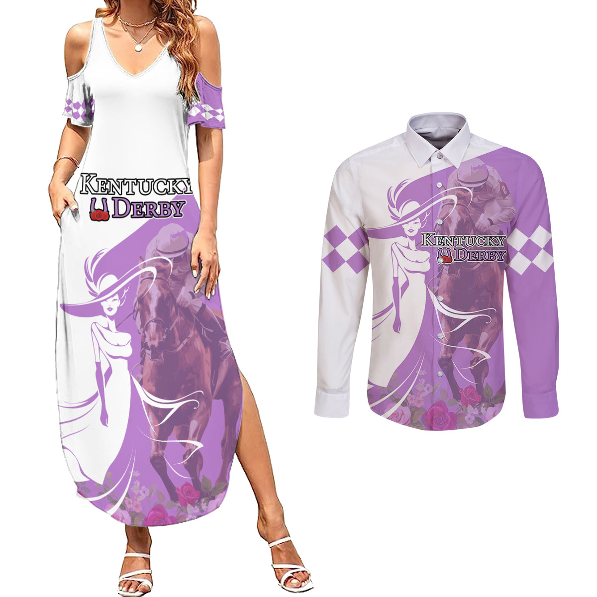 Kentucky Racing Horses Derby Hat Girl Couples Matching Summer Maxi Dress and Long Sleeve Button Shirt Purple Color - Wonder Print Shop