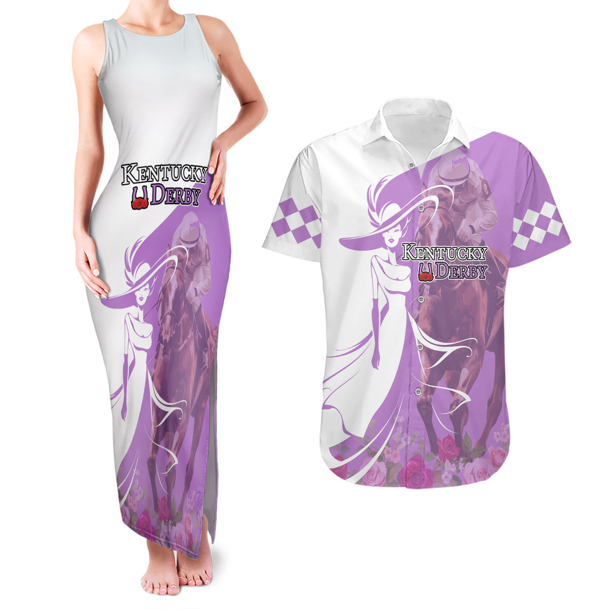 Kentucky Racing Horses Derby Hat Girl Couples Matching Tank Maxi Dress and Hawaiian Shirt Purple Color - Wonder Print Shop