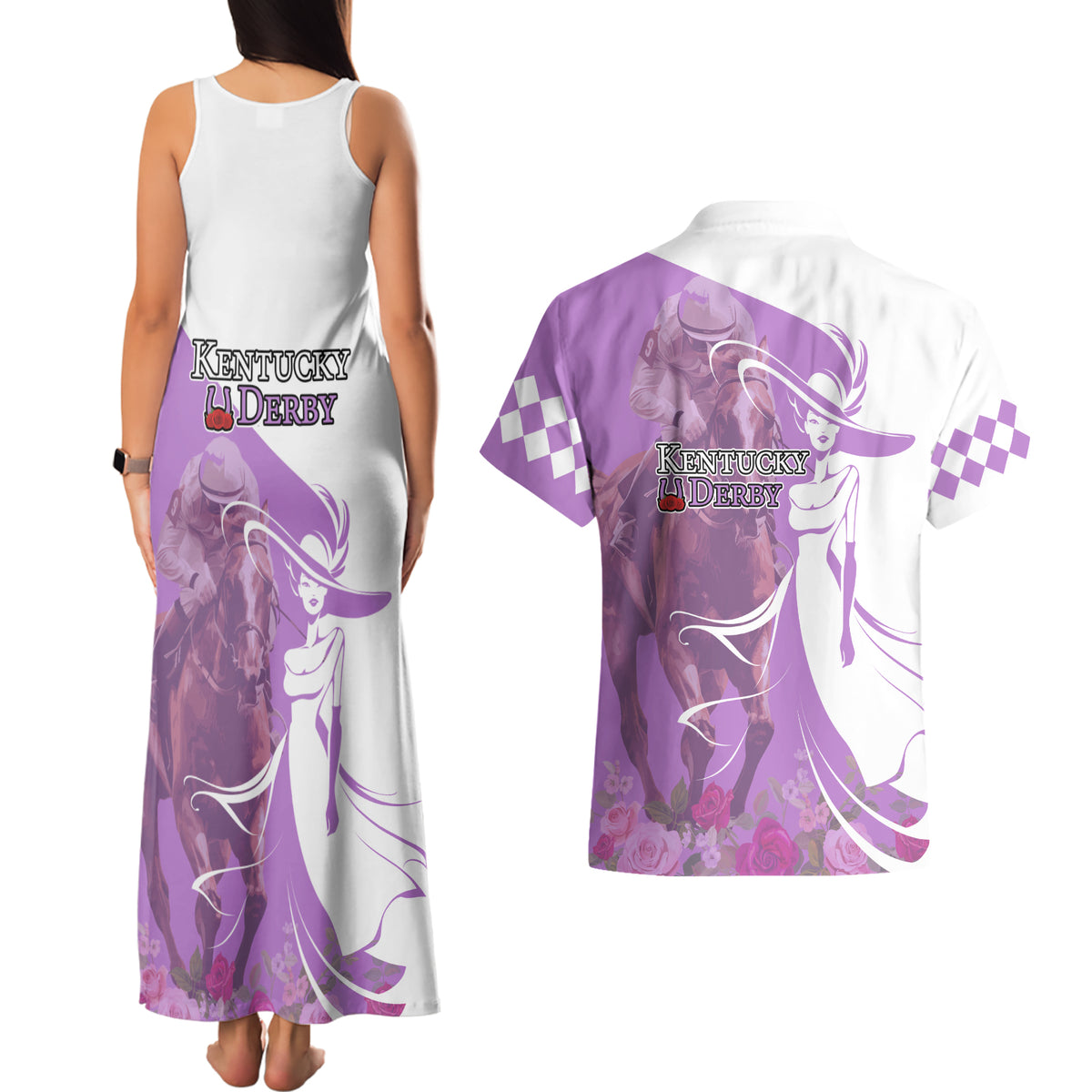 Kentucky Racing Horses Derby Hat Girl Couples Matching Tank Maxi Dress and Hawaiian Shirt Purple Color - Wonder Print Shop