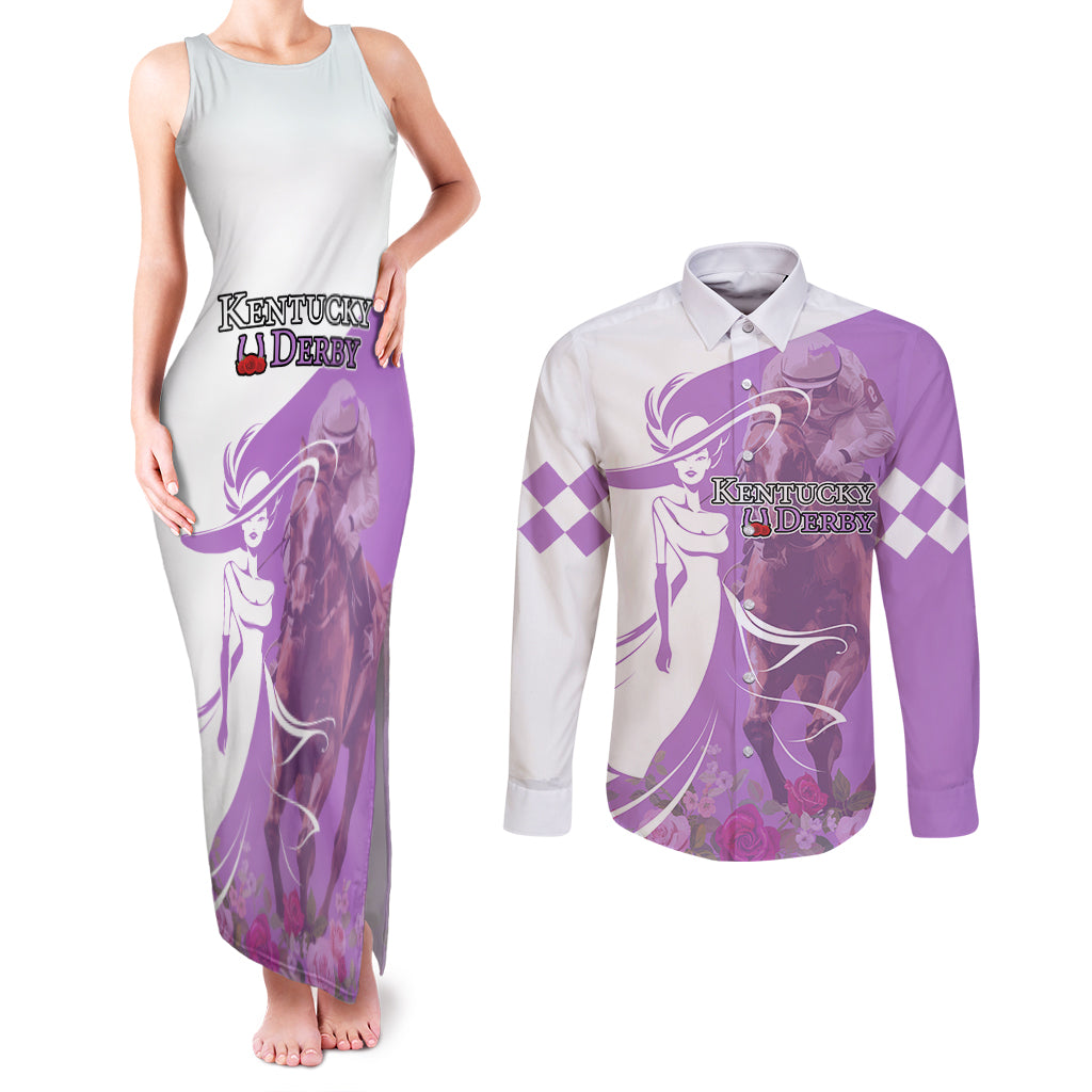 Kentucky Racing Horses Derby Hat Girl Couples Matching Tank Maxi Dress and Long Sleeve Button Shirt Purple Color - Wonder Print Shop