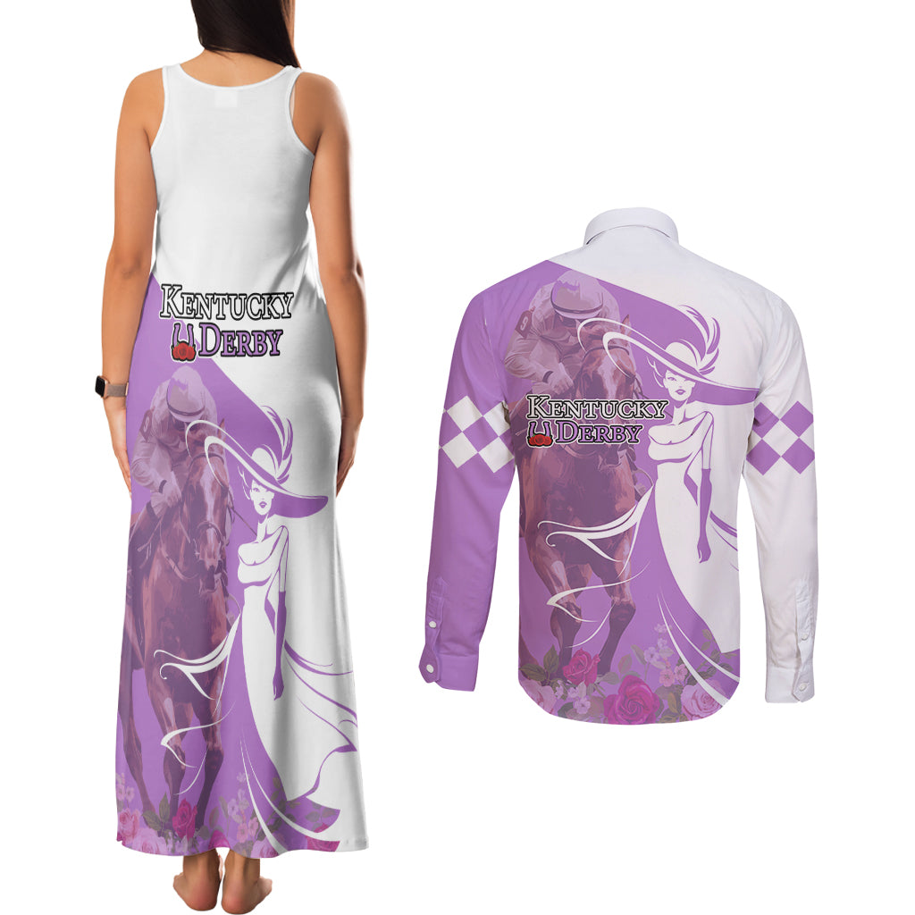 Kentucky Racing Horses Derby Hat Girl Couples Matching Tank Maxi Dress and Long Sleeve Button Shirt Purple Color - Wonder Print Shop