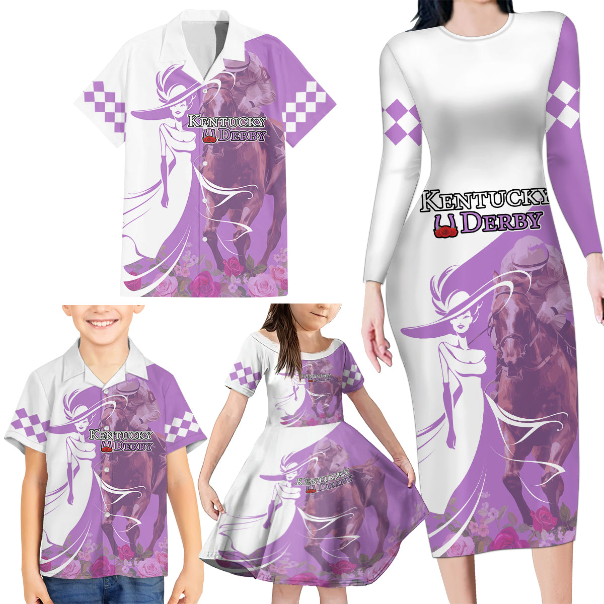 Kentucky Racing Horses Derby Hat Girl Family Matching Long Sleeve Bodycon Dress and Hawaiian Shirt Purple Color - Wonder Print Shop