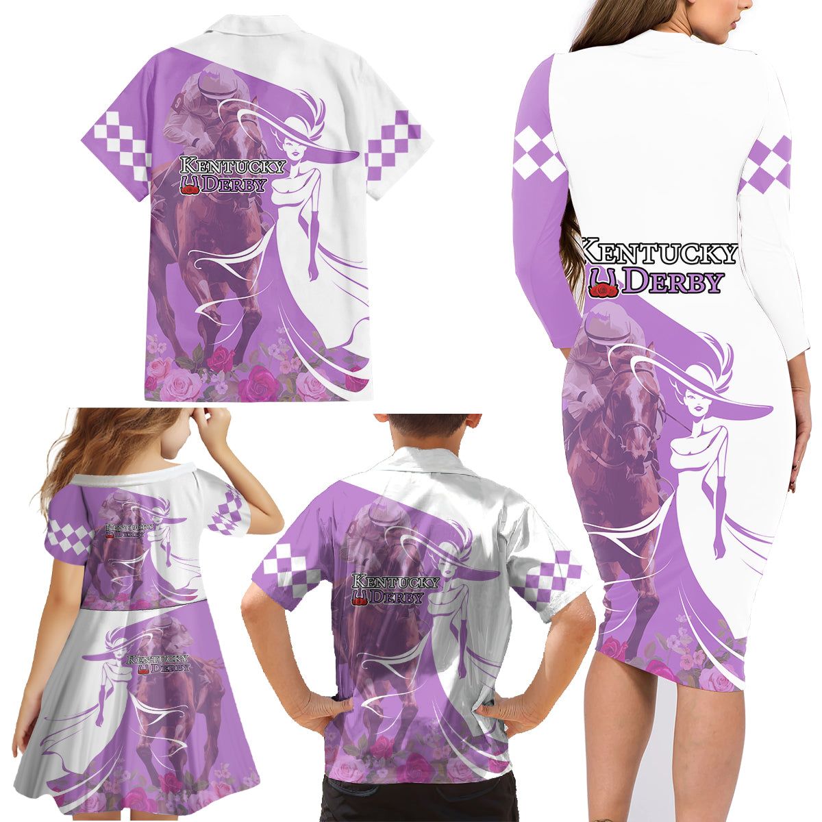 Kentucky Racing Horses Derby Hat Girl Family Matching Long Sleeve Bodycon Dress and Hawaiian Shirt Purple Color - Wonder Print Shop