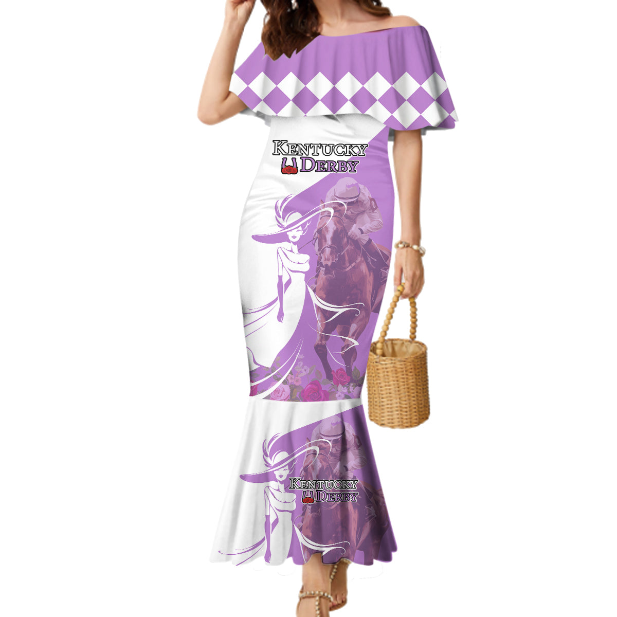 Kentucky Racing Horses Derby Hat Girl Family Matching Mermaid Dress and Hawaiian Shirt Purple Color - Wonder Print Shop