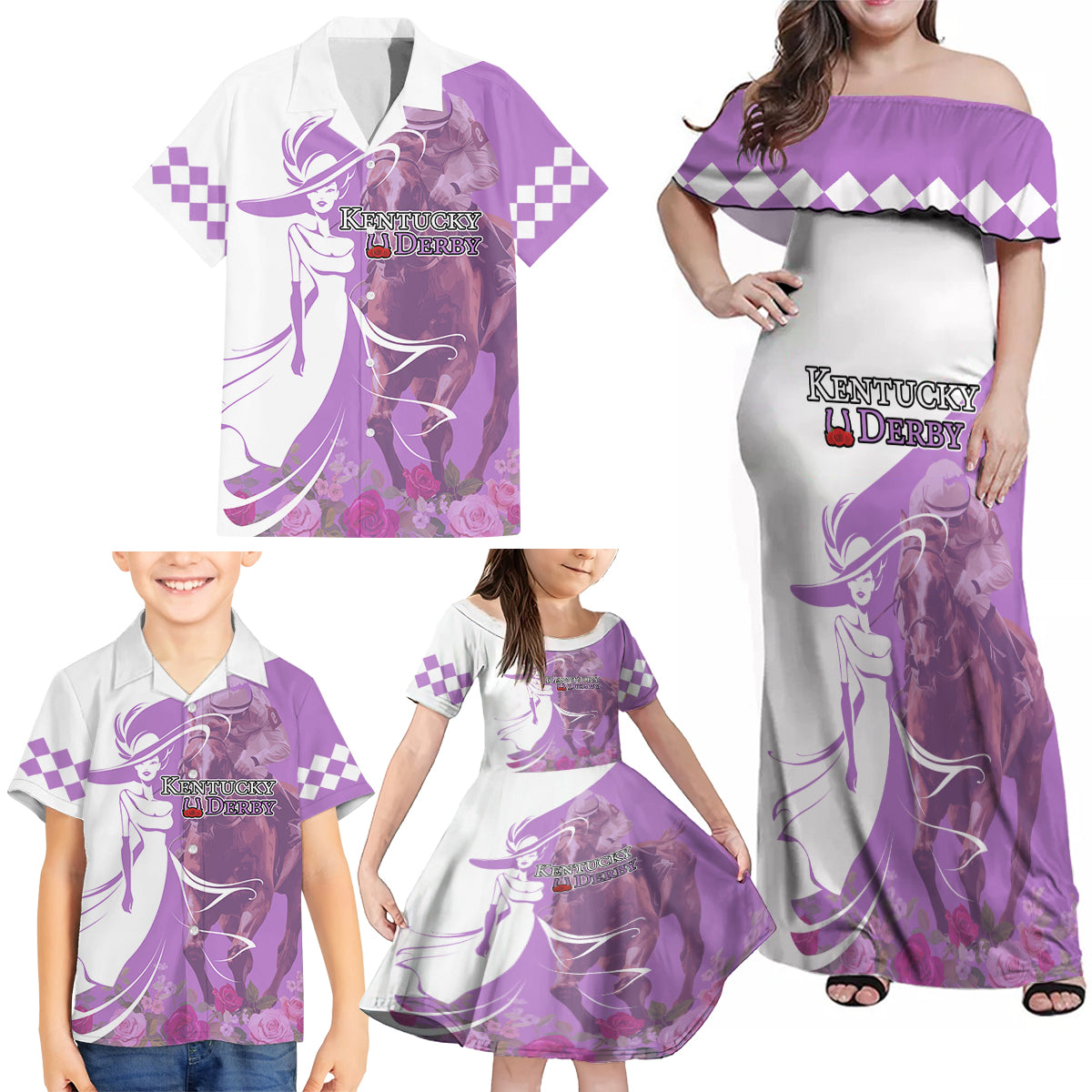 Kentucky Racing Horses Derby Hat Girl Family Matching Off Shoulder Maxi Dress and Hawaiian Shirt Purple Color - Wonder Print Shop