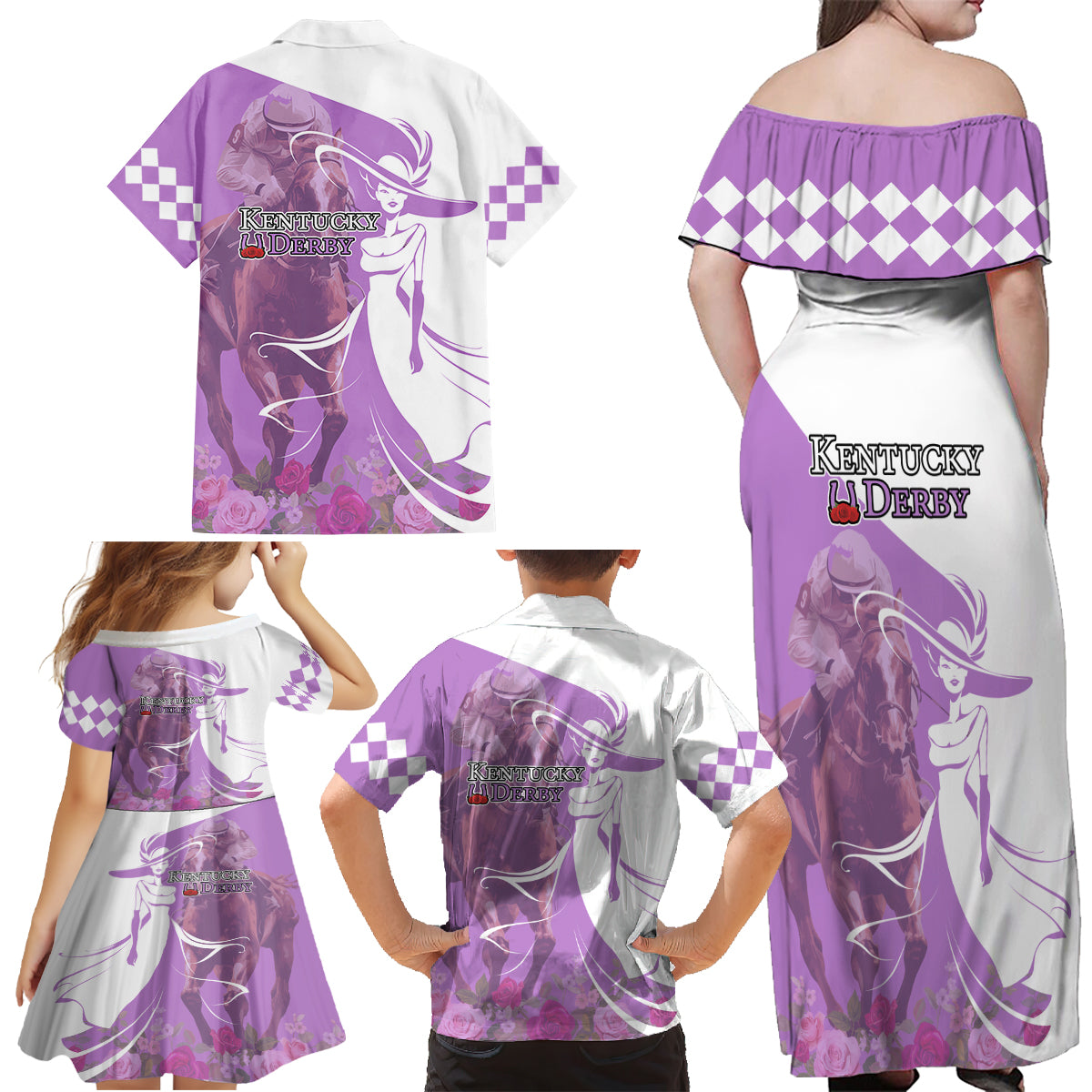 Kentucky Racing Horses Derby Hat Girl Family Matching Off Shoulder Maxi Dress and Hawaiian Shirt Purple Color - Wonder Print Shop