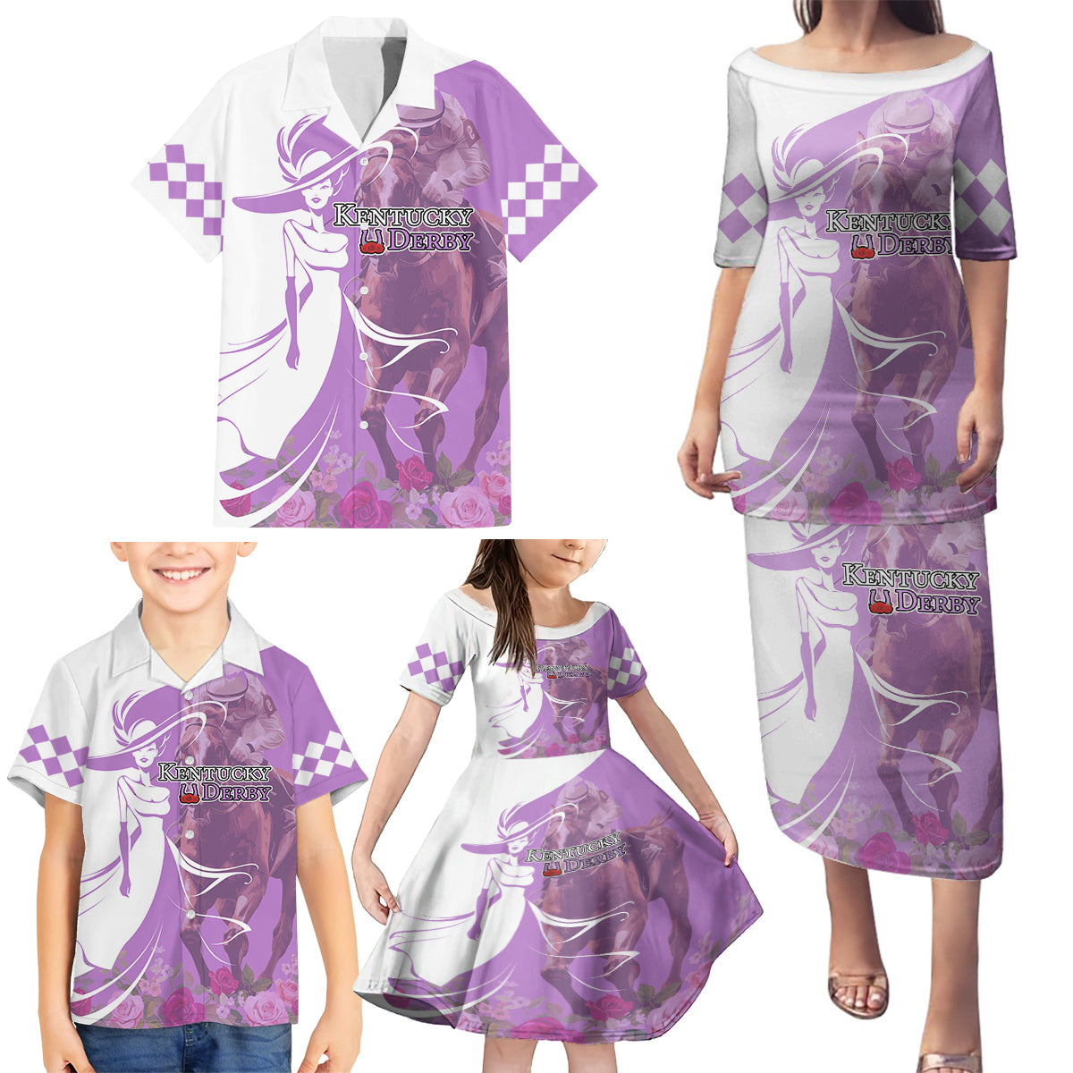 Kentucky Racing Horses Derby Hat Girl Family Matching Puletasi and Hawaiian Shirt Purple Color - Wonder Print Shop