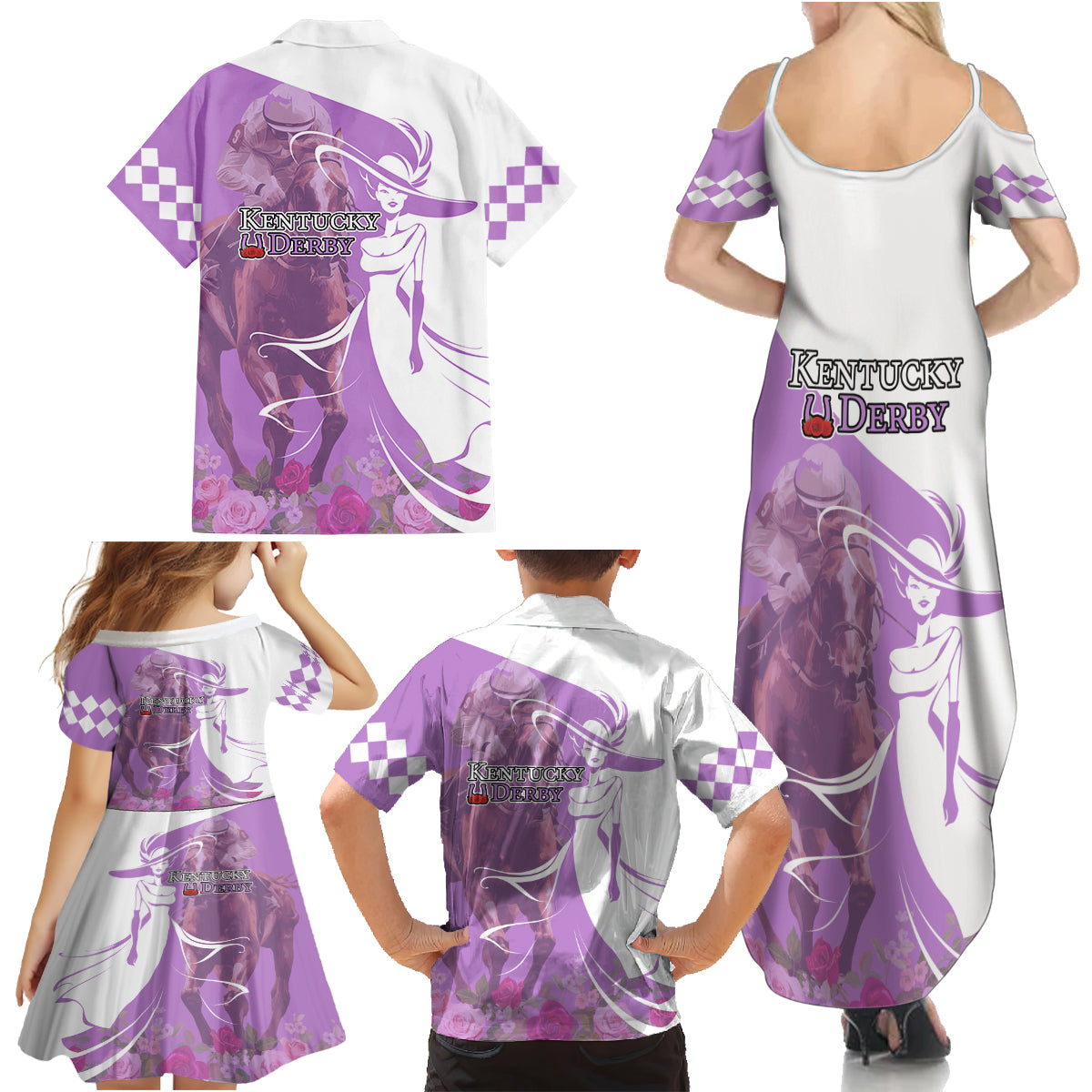 Kentucky Racing Horses Derby Hat Girl Family Matching Summer Maxi Dress and Hawaiian Shirt Purple Color - Wonder Print Shop