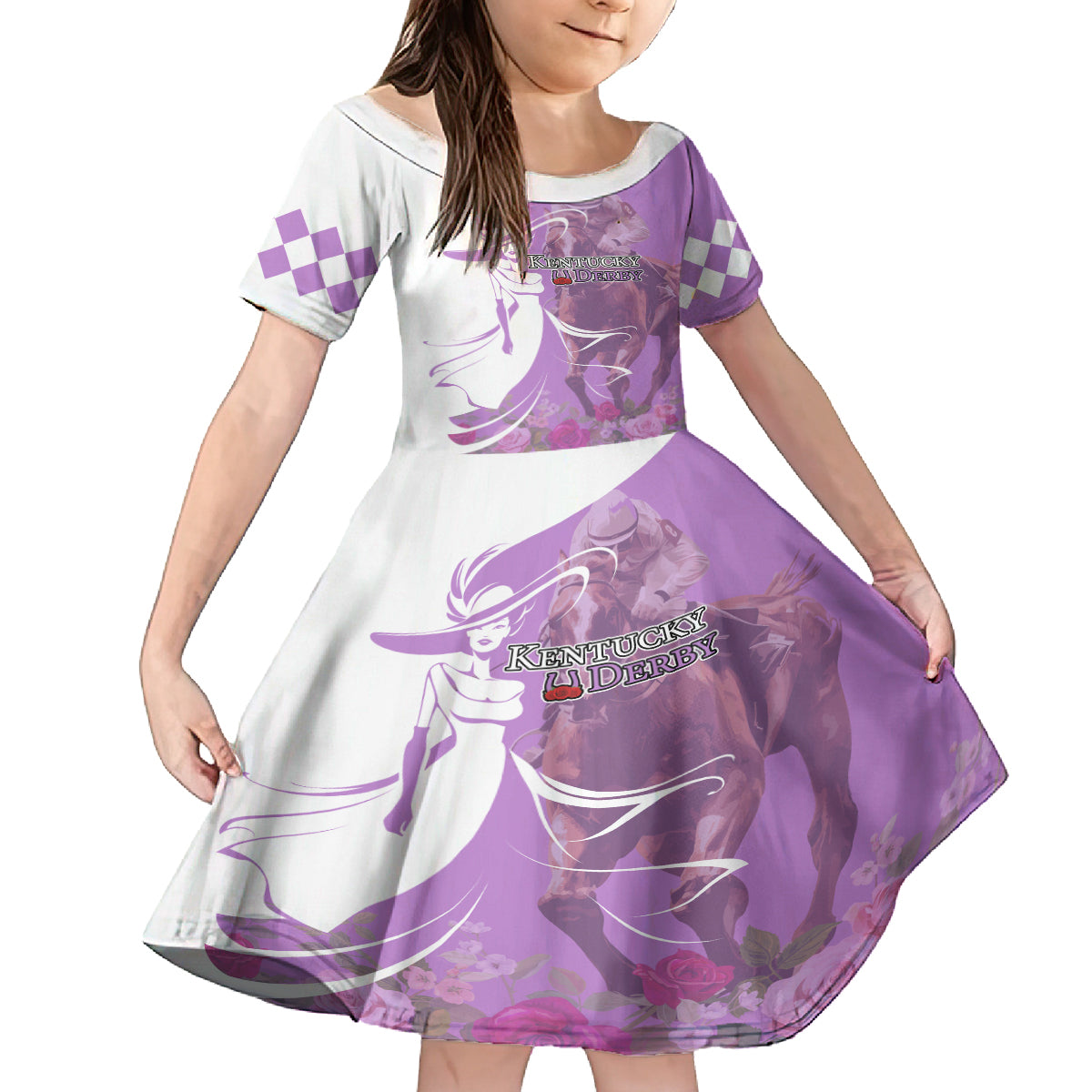 Kentucky Racing Horses Derby Hat Girl Kid Short Sleeve Dress Purple Color - Wonder Print Shop